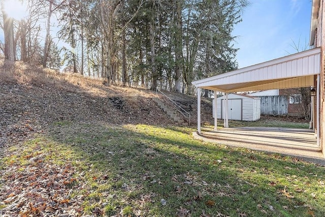 view of yard with a storage shed