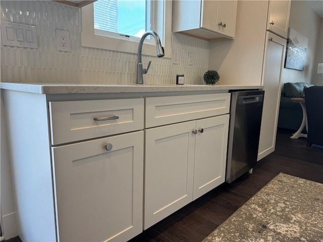 1518 Marshall Rd, Monaca, PA 15061 - kitchen with dishwasher, dark wood-style flooring, backsplash, white cabinetry, and light stone counters