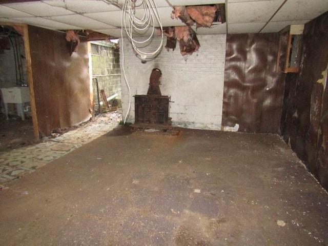 basement with a wood stove