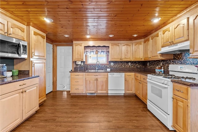 kitchen with white appliances, sink, light brown cabinets, wooden ceiling, and dark hardwood / wood-style floors