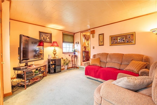 carpeted living room featuring ornamental molding