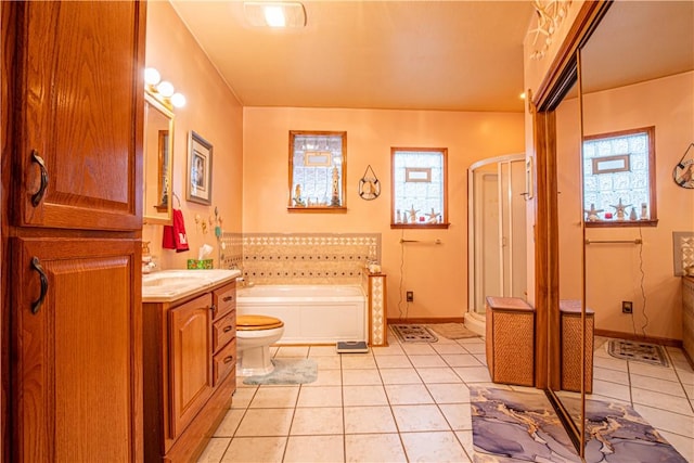 full bathroom with tile patterned flooring, vanity, toilet, and plus walk in shower