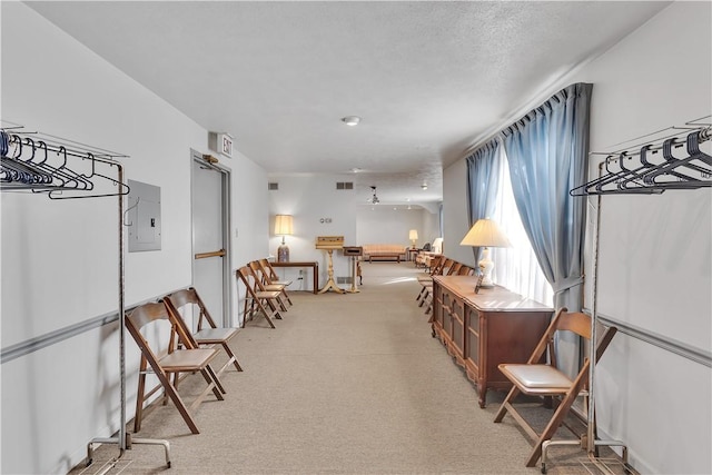 living area with a textured ceiling and electric panel