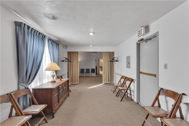 living area featuring electric panel, light carpet, ceiling fan, and a textured ceiling