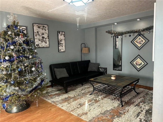 living room with wood-type flooring and a textured ceiling