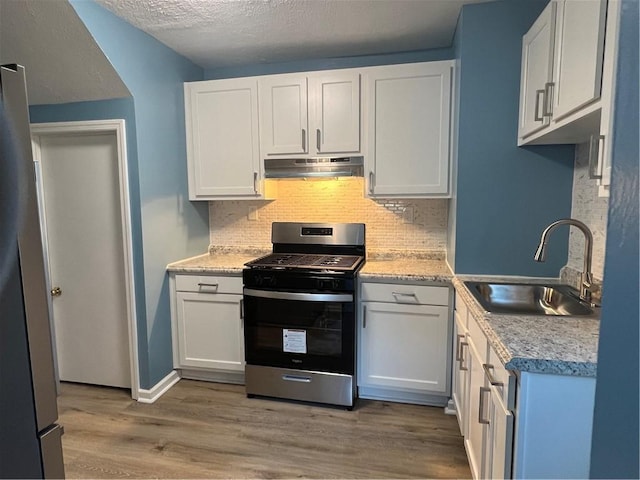 531 W End Ave, Coraopolis, PA 15108 - kitchen with appliances with stainless steel finishes, under cabinet range hood, a sink, backsplash, and wood finished floors