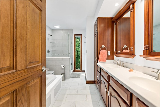 bathroom with vanity and plus walk in shower