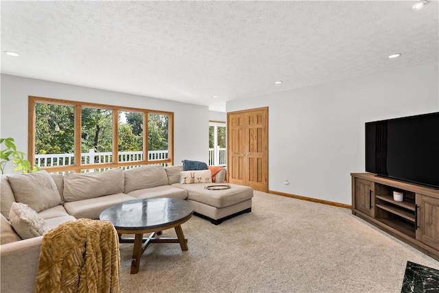 carpeted living room with a textured ceiling