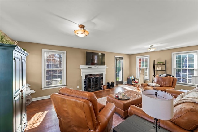 living room with a fireplace, plenty of natural light, and dark wood-type flooring