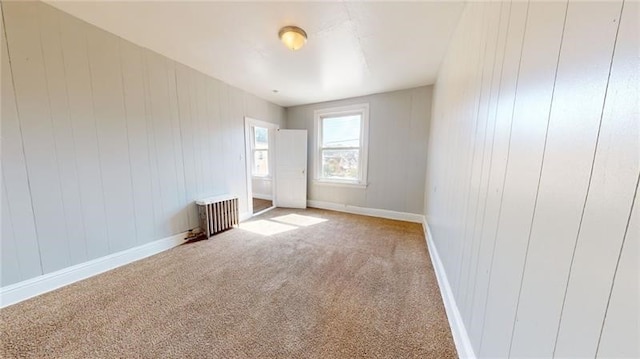 unfurnished room with carpet and wooden walls