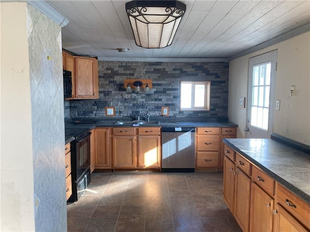 kitchen featuring black appliances, crown molding, sink, decorative backsplash, and wood ceiling