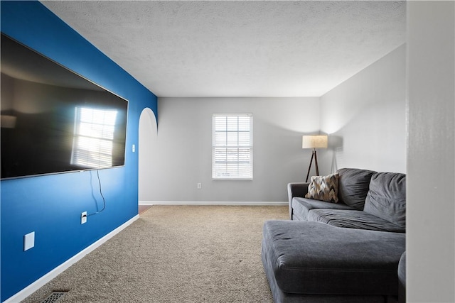 living room with carpet and a textured ceiling