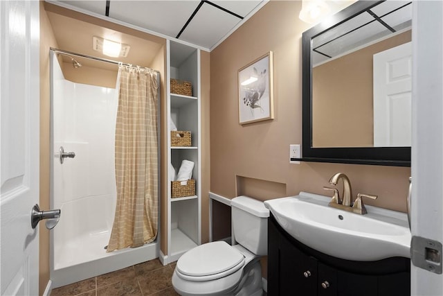 bathroom with a shower with curtain, tile patterned flooring, vanity, and toilet