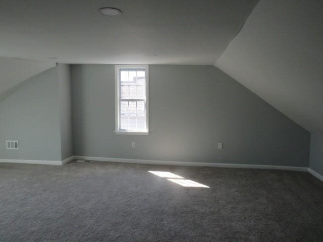 additional living space featuring lofted ceiling, baseboards, visible vents, and carpet floors