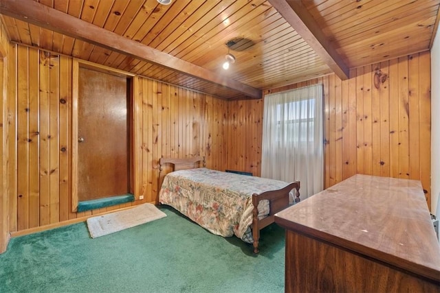 carpeted bedroom with beamed ceiling, wood ceiling, and wooden walls