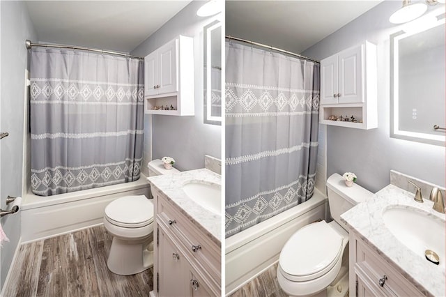 full bathroom with toilet, vanity, shower / tub combo, and hardwood / wood-style flooring