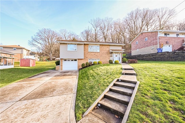 view of front of home with a shed, a garage, and a front lawn