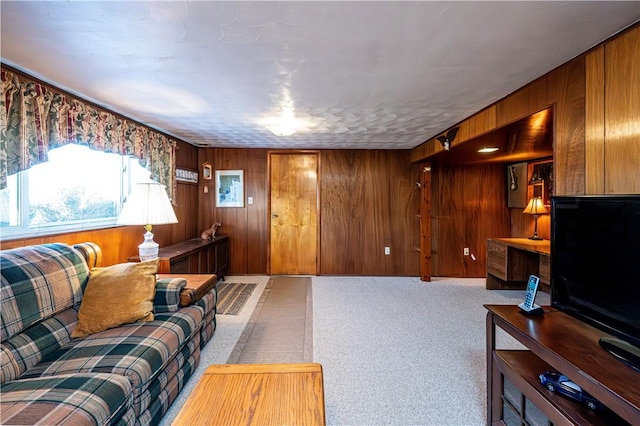 living room featuring carpet and wooden walls