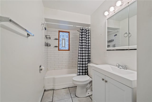 full bathroom with tile patterned floors, vanity, toilet, and shower / bathtub combination with curtain