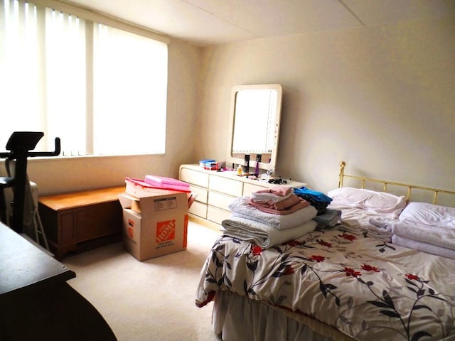 bedroom featuring light colored carpet