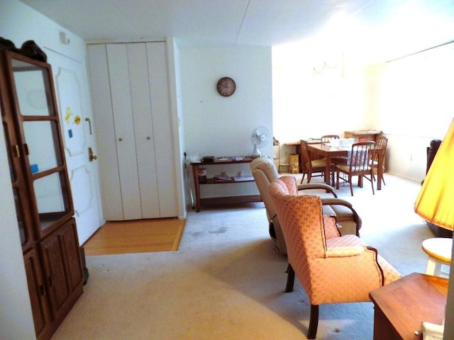 interior space featuring light colored carpet