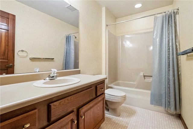 full bathroom with tile patterned floors, vanity, toilet, and shower / bathtub combination with curtain