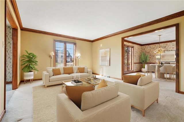 carpeted living room featuring ornamental molding