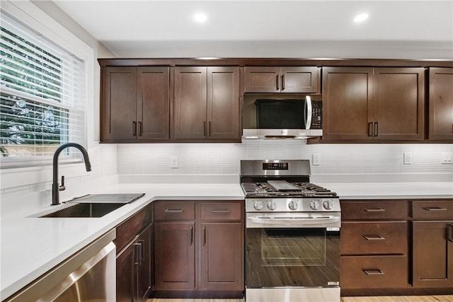 kitchen with decorative backsplash, light wood-type flooring, dark brown cabinetry, stainless steel appliances, and sink