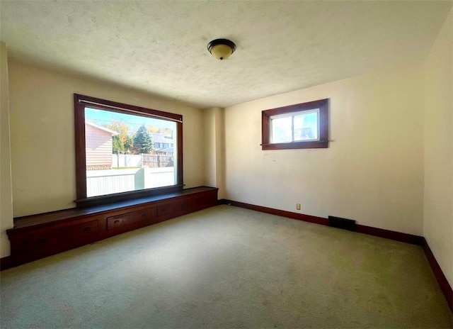 carpeted spare room with a textured ceiling