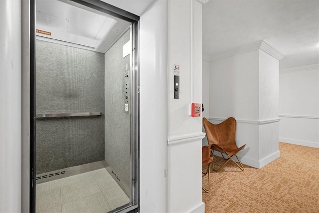 bathroom featuring elevator and ornamental molding