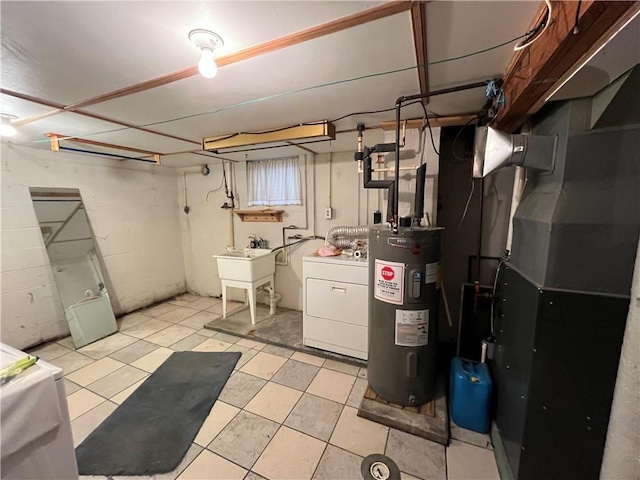 basement featuring washer / clothes dryer, electric water heater, sink, and heating unit