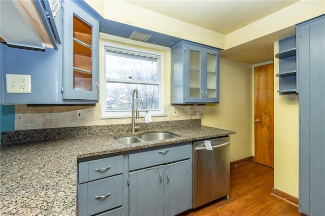 kitchen featuring backsplash, stainless steel dishwasher, dark wood-type flooring, and sink