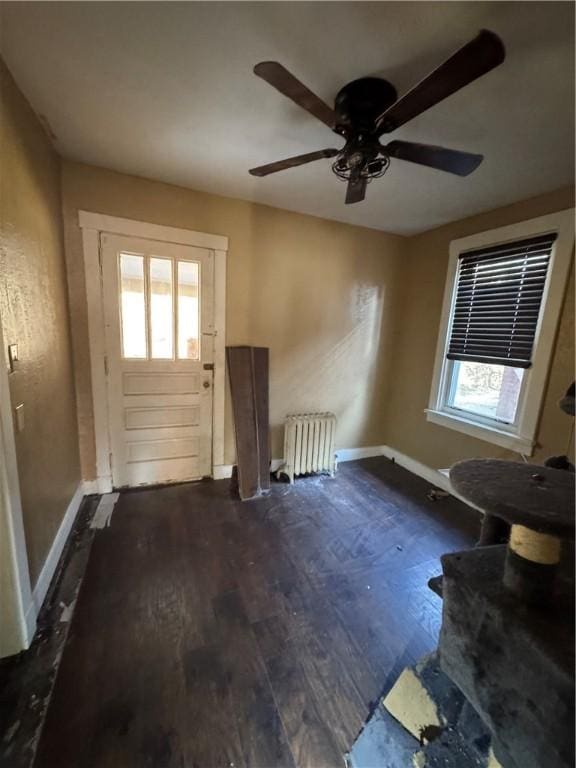 doorway featuring ceiling fan, dark hardwood / wood-style flooring, and radiator heating unit