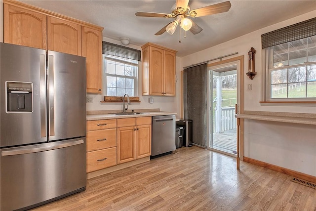 kitchen featuring appliances with stainless steel finishes, light hardwood / wood-style flooring, a healthy amount of sunlight, and sink