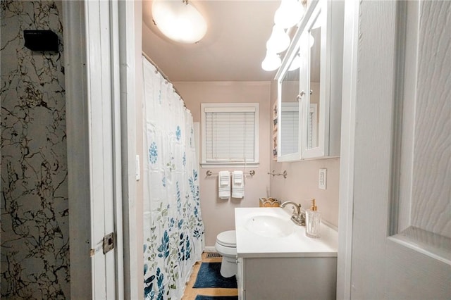 bathroom featuring toilet, vanity, and walk in shower