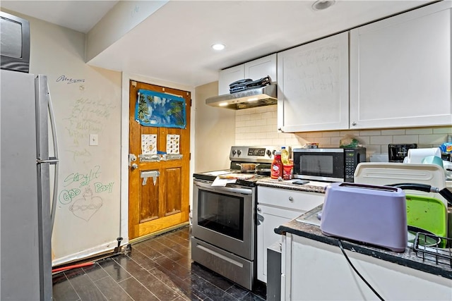 kitchen with dark hardwood / wood-style floors, stainless steel range with electric cooktop, extractor fan, fridge, and white cabinets