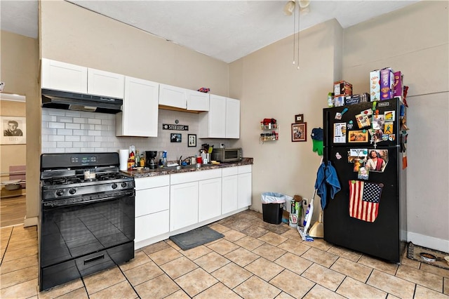 kitchen with decorative backsplash, sink, white cabinets, and black appliances