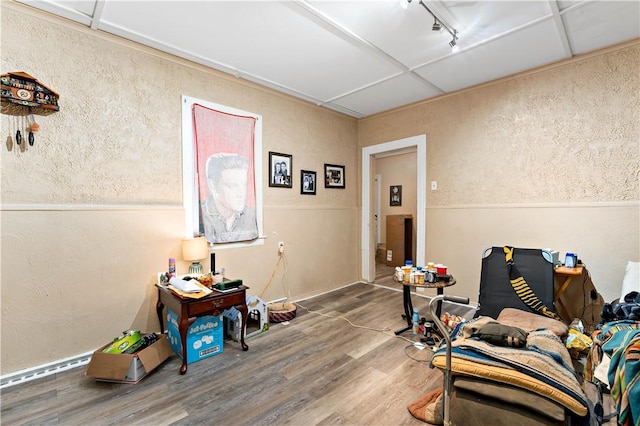 living area with wood-type flooring and track lighting