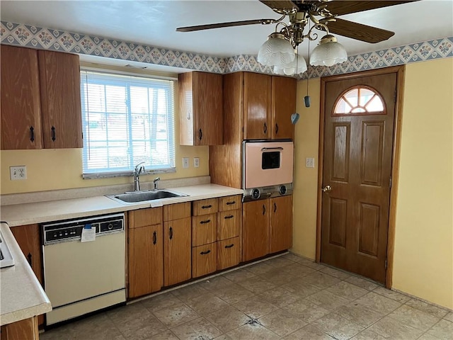 kitchen with white dishwasher, ceiling fan, a healthy amount of sunlight, and sink