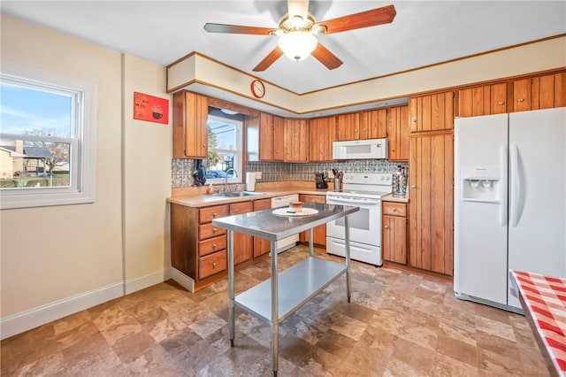 kitchen featuring decorative backsplash, ceiling fan, white appliances, and sink