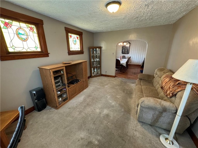 living room featuring a textured ceiling, light colored carpet, and a healthy amount of sunlight