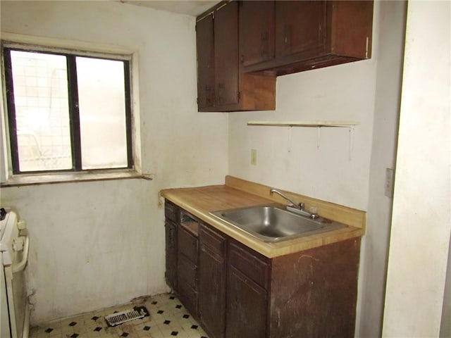 kitchen with stove, dark brown cabinetry, and sink