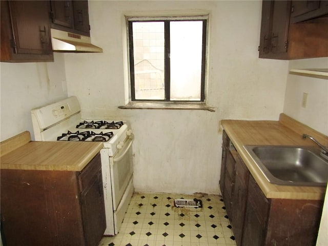 kitchen featuring dark brown cabinets, gas range gas stove, and sink