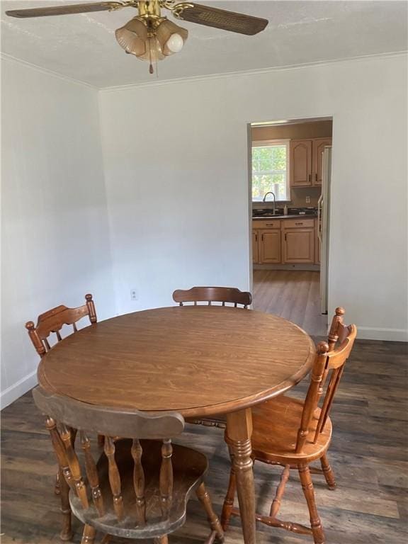 dining space featuring dark hardwood / wood-style flooring, ceiling fan, crown molding, and sink