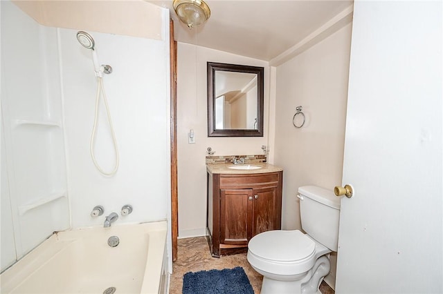 full bathroom featuring vaulted ceiling, vanity,  shower combination, and toilet