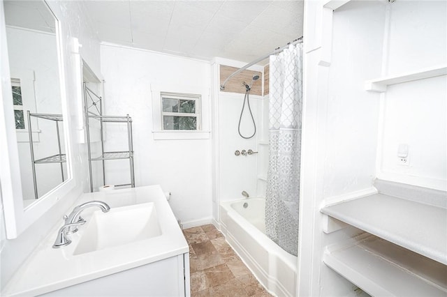 bathroom with shower / bath combination with curtain and vanity