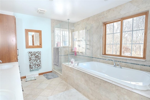 585 State Route 2007, Cowanshanock Twp, PA 16201 - full bathroom with a garden tub, a shower stall, tile patterned floors, and double vanity