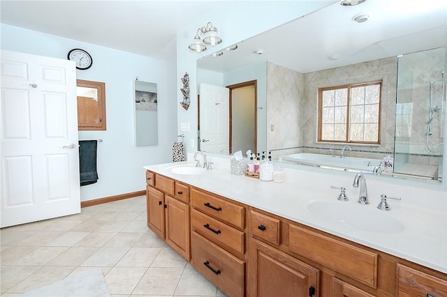 585 State Route 2007, Cowanshanock Twp, PA 16201 - bathroom featuring a bath, a stall shower, double vanity, and tile patterned flooring