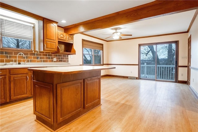 kitchen with plenty of natural light, a center island, light hardwood / wood-style flooring, and sink