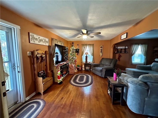 living room with ceiling fan and hardwood / wood-style floors